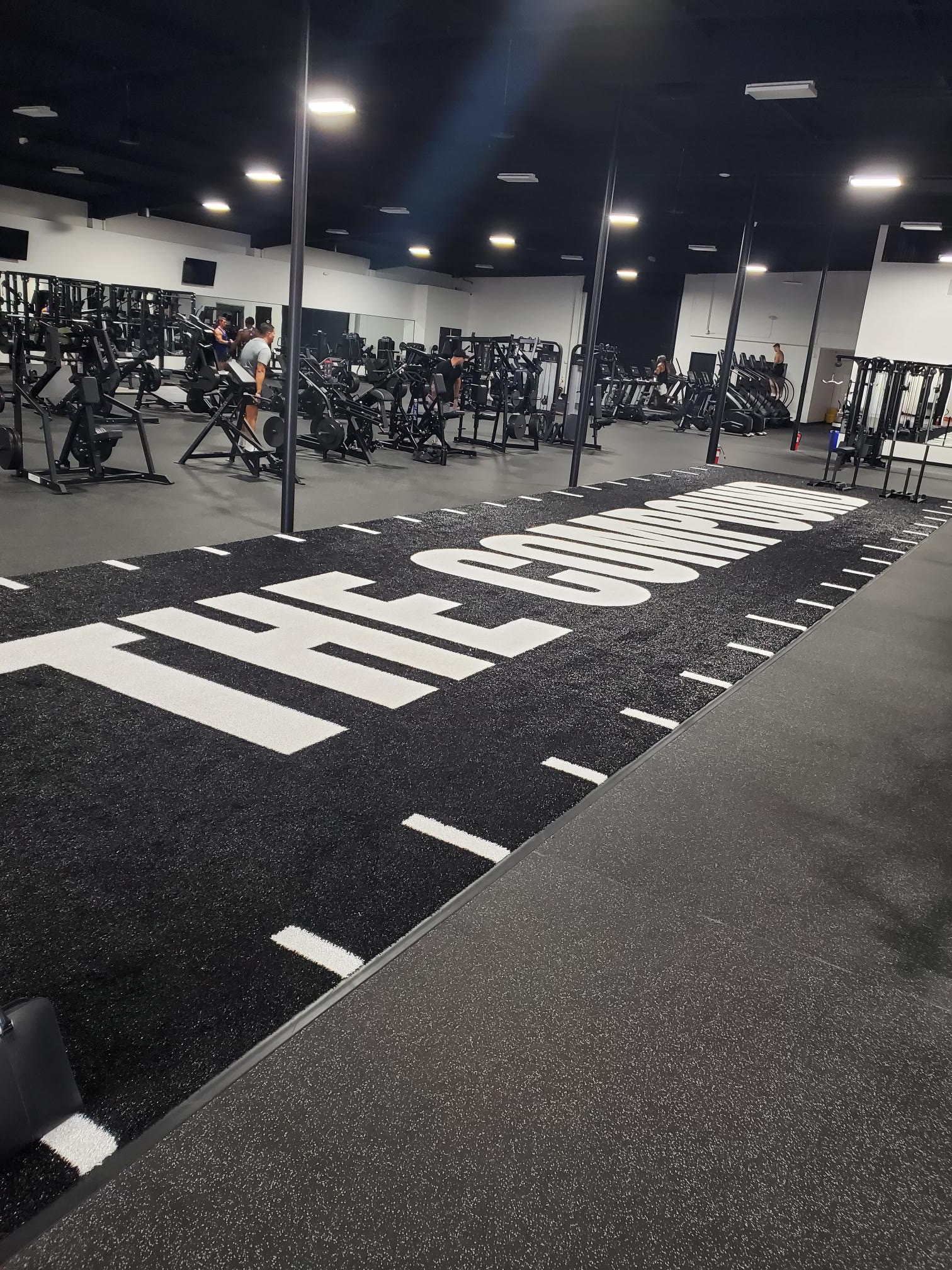 FFP turf training lane with custom white markings in a commercial gym